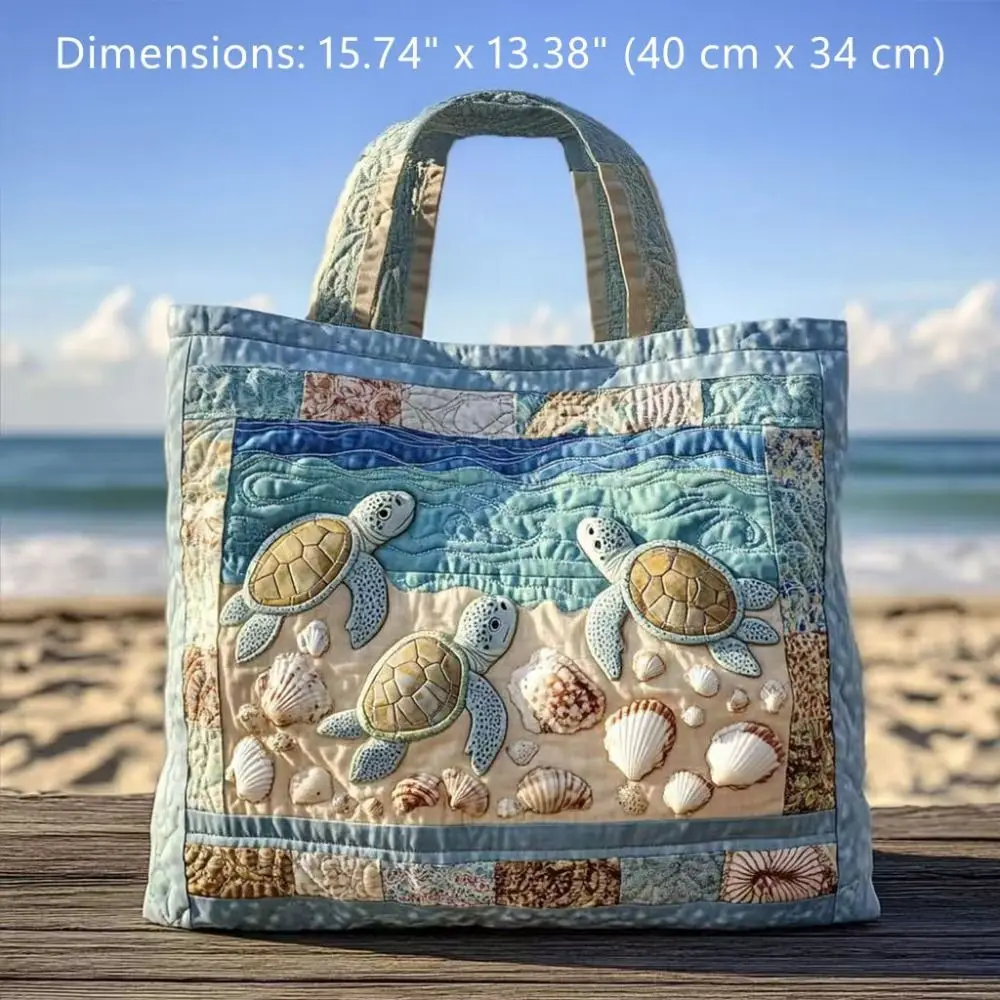 New Turtle Print Turtle Quilted Tote Bag Large Capacity Soft Ocean Turtle Canvas Tote Durable 3D Handbag view 6