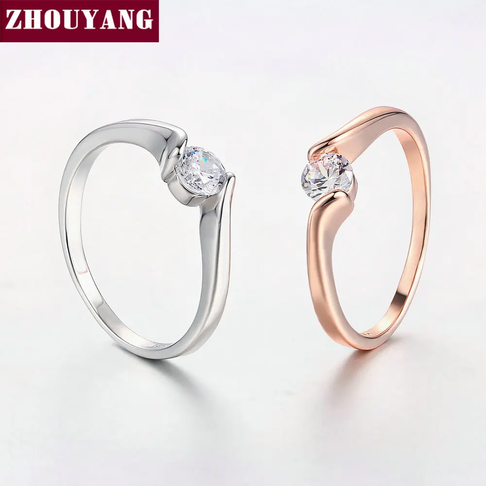 ZHOUYANG Wedding Ring For Women Concise 4mm Round Cut Cubic Zirconia Rose Gold Color Engagement Fashion Jewelry ZYR239 ZYR422