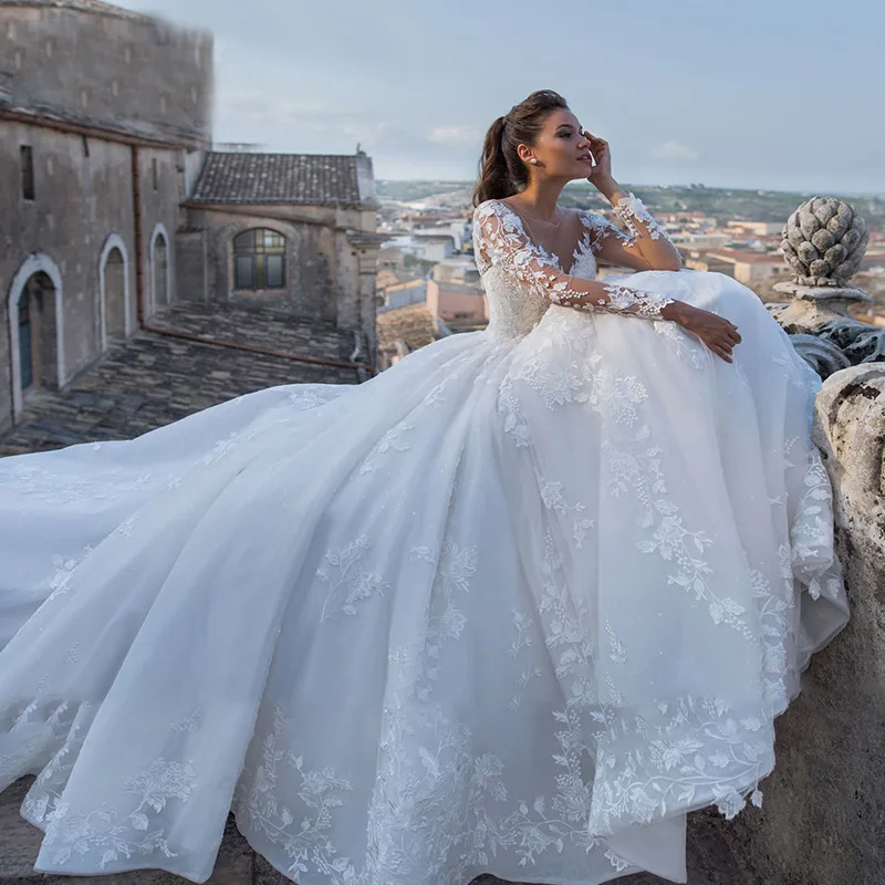 Elegant V Neck Wedding Gown European Style 2025 New Luxury Vintage Tulle Long Sleeve A Line Amanda Bridal Dress Luxury Wedding