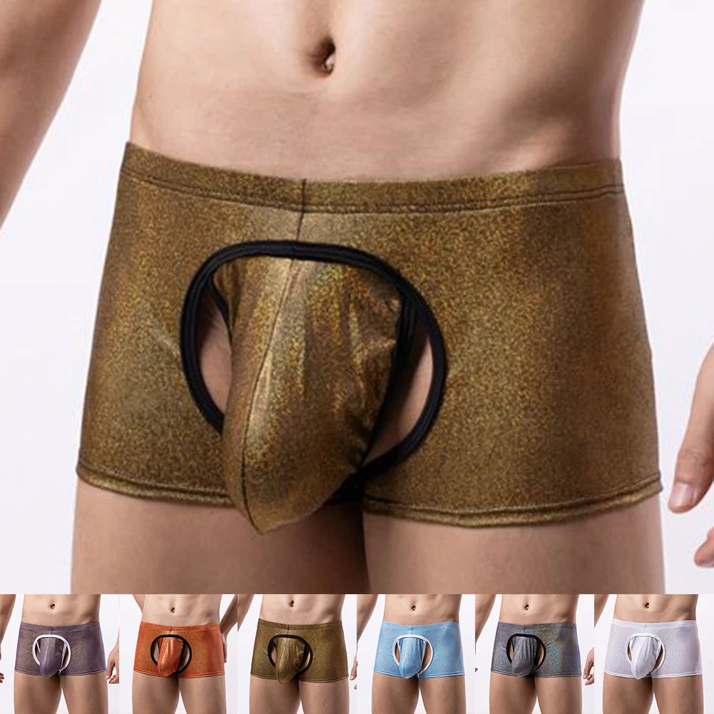 Sexy Men Oversized Shiny Hollow Out Briefs Panties Low Rise Pouch Bulge Underwear Open Lingerie Bottom Mens Shorts