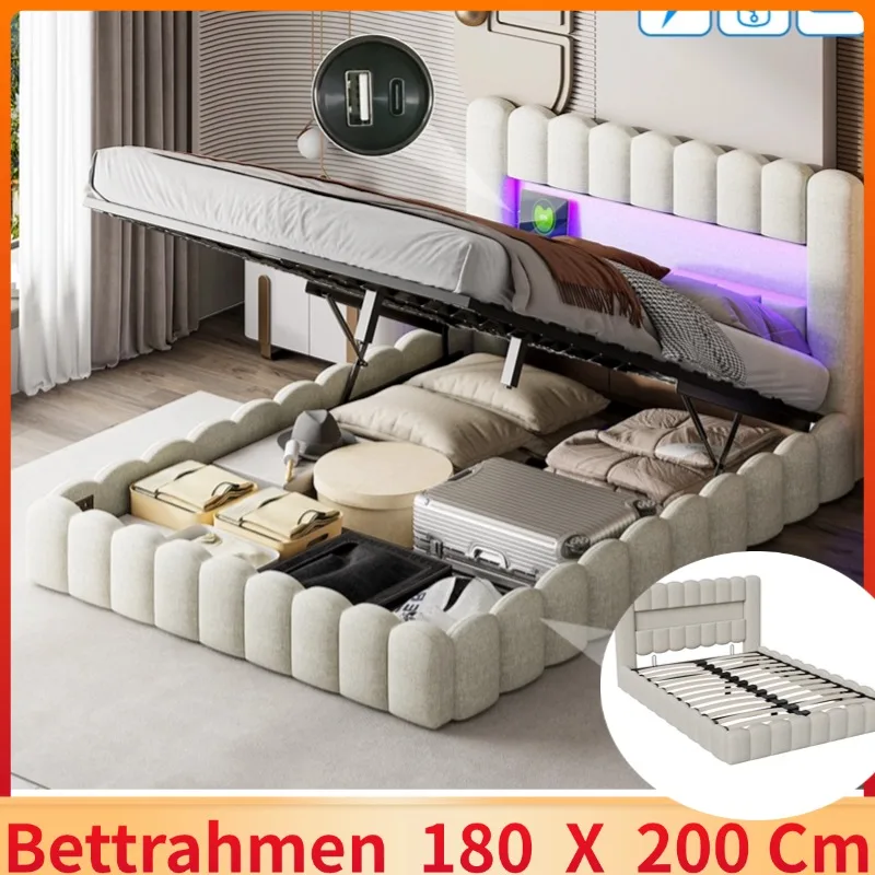 Platform storage bed 180x200 with slatted base, Double bed,Headboard with LED light and USB Type-C port, linen fabric, beige