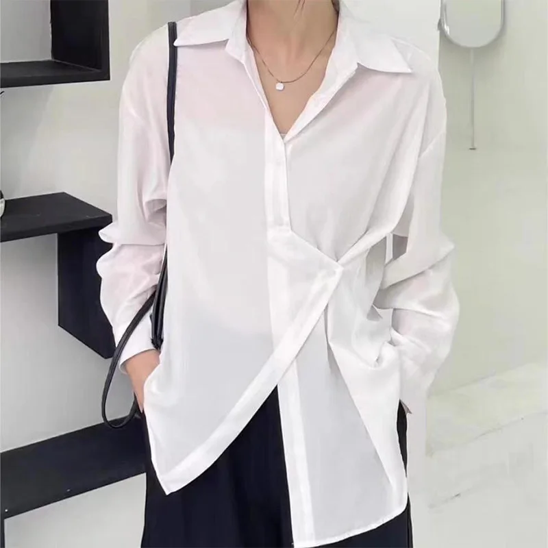 2023 Spring Autumn New Style Diagonal Button Long Sleeve Chiffon Solid Shirt Women\'s Loose Fitting and Versatile Fashion Blouses