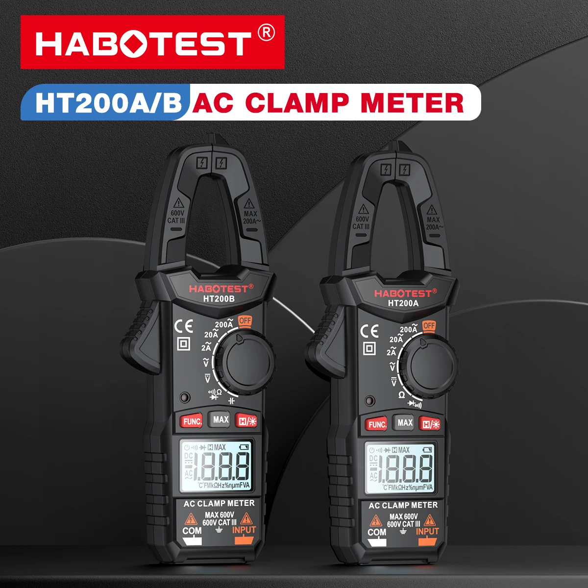 HABOTEST HT200 Digital Clamp Meter 600V AC/DC Voltage Tester with True RMS ohm Capacitance Continuity Measurement Voltmeter