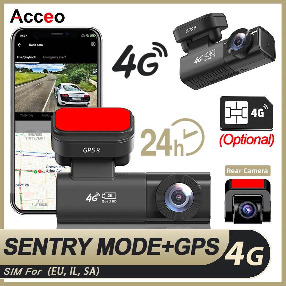 

Автомобильный видеорегистратор Acceo 4G LTE, подключенный GPS-отслеживание в реальном времени, просмотр в реальном времени, 2K, передняя и задняя запись, предупреждение о столкновении, обнаружение человека