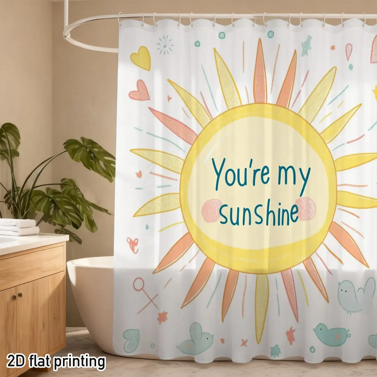 シャワーカーテン-ポリエステル製-サンバード-ハート柄-「you're-my-sunshine」プリント-防水-グロメットトップ-春のバスルーム装飾