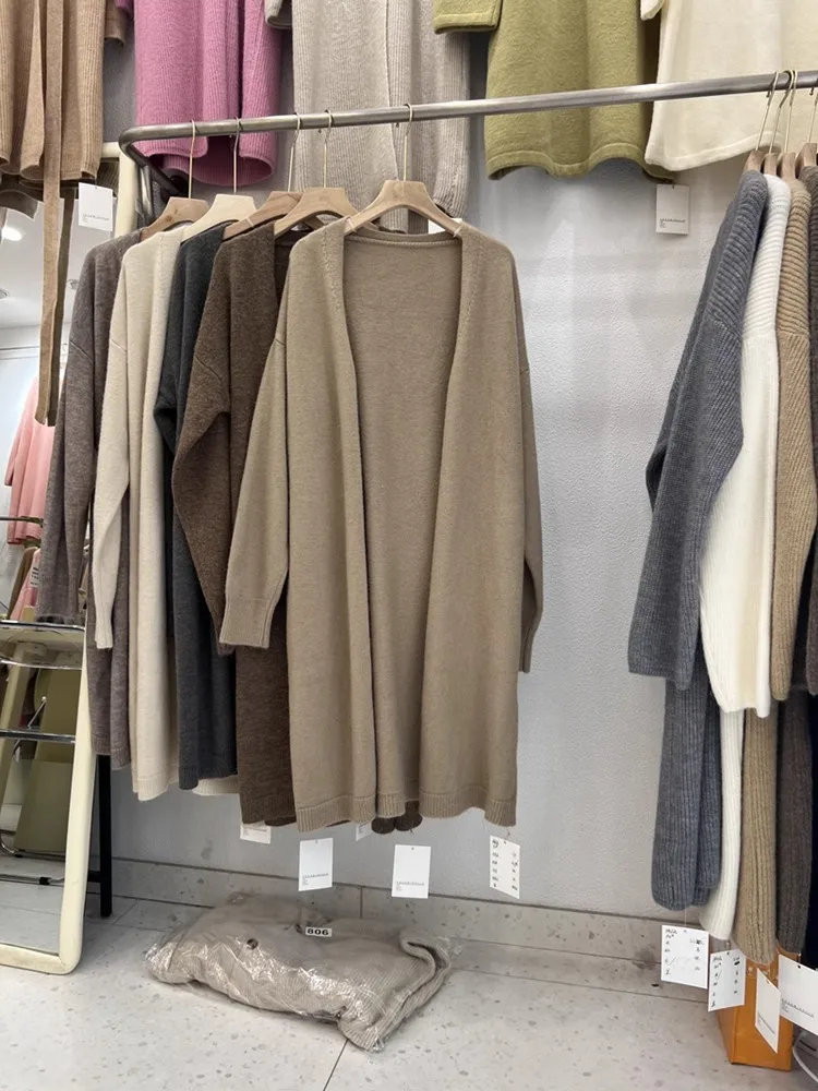 Camisola de malha de comprimento médio feminino casaco macio aconchegante na moda solta malha aberta cardigan primavera outono nova chegada sentimento premium