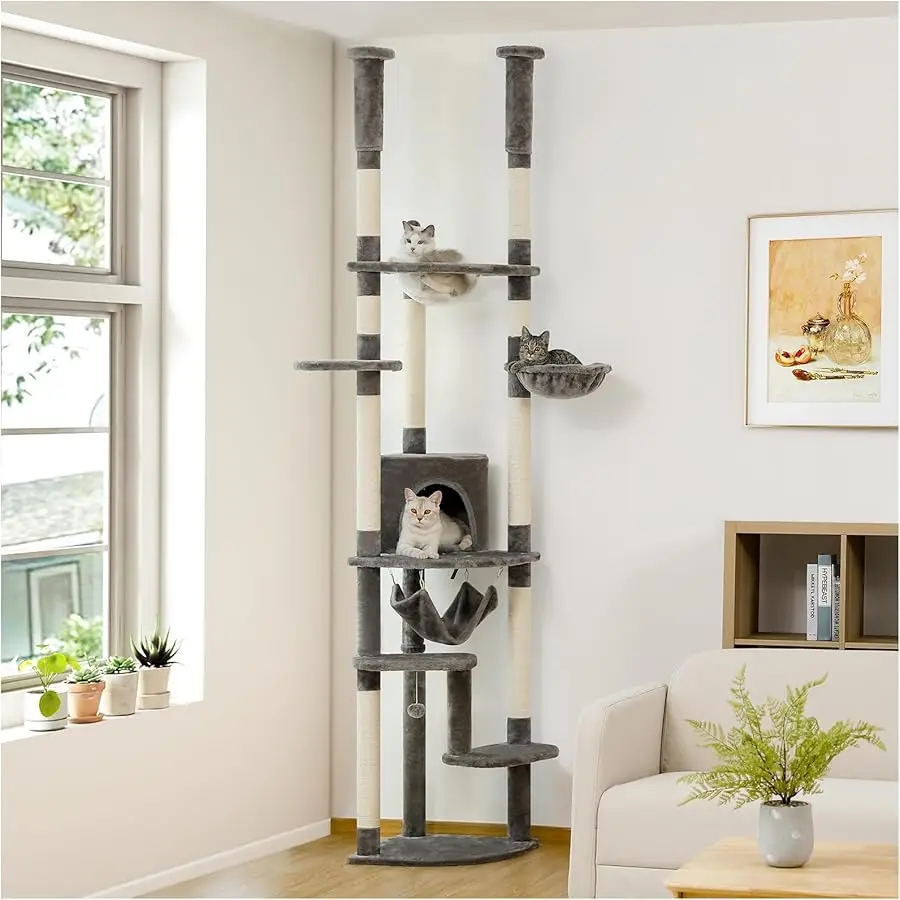 

PETEPELA Floor to Ceiling Cat Tree, 92.9''-101.6''Height Adjustable Cat Tower Tall Cat Climbing Play House, Cozy Condo, Scratchi