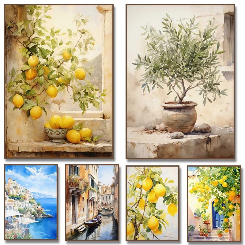 Póster de paisaje de grécia mediterránea Retro, árbol de olivo y limón italiano, pintura en lienzo, imágenes artísticas de pared, decoración Interior del hogar