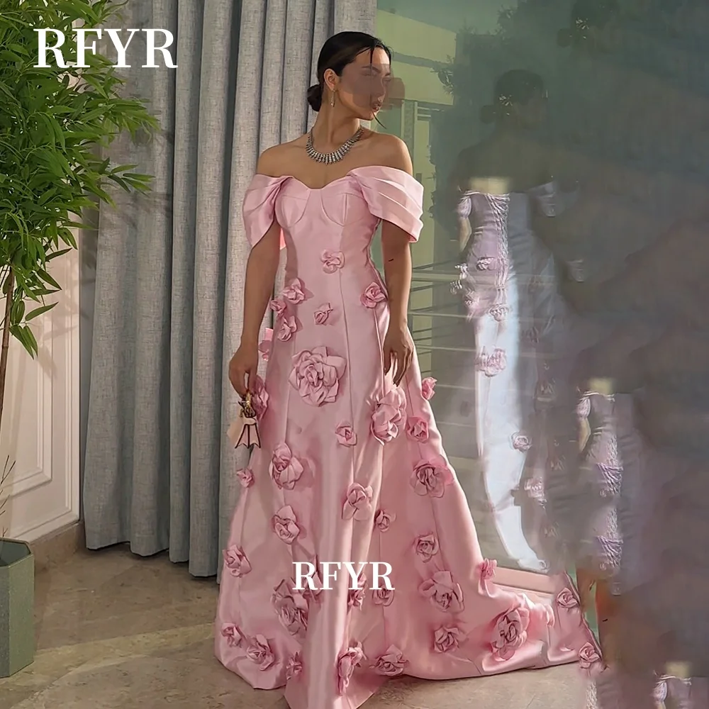 

RFYR A Line Prom Dress Off Shoulder Party Dress 3D Flowers Satin Evening Dress Luxury vestidos de fiesta Customized
