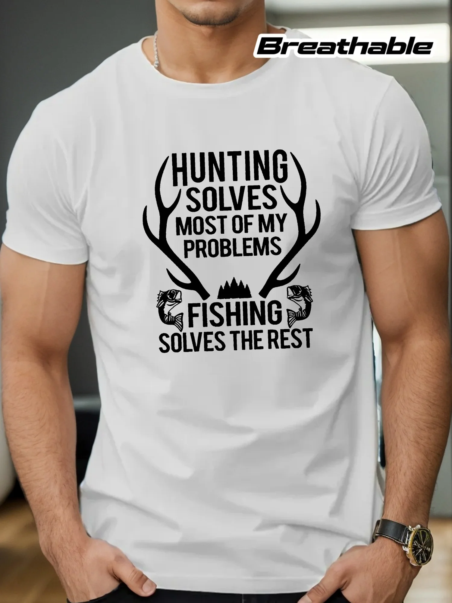 HUNTING AND FISHING Printed Men's Casual T-Shirt - Polyester, Soft Breathable Quick Dry Fabric, Short Sleeve Round Neck - Summer Tee - for Men - Perfect for Outdoor Activities & Casual Wear - Great Gift for Hunters & Fishermen