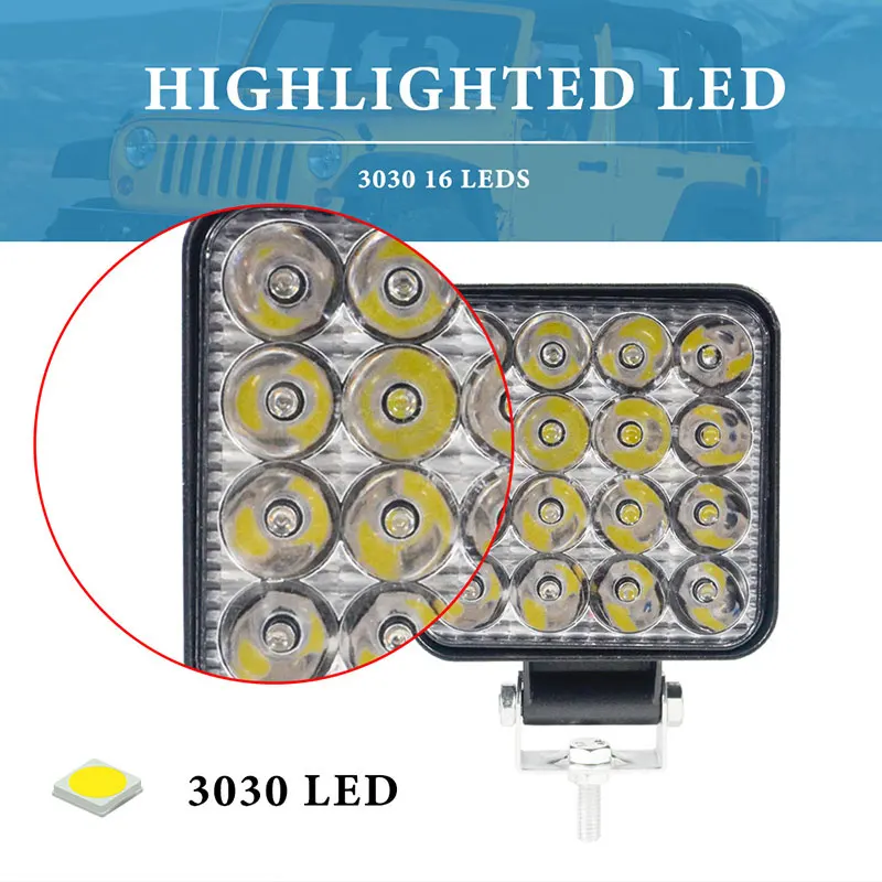 1/2Pcs Square 16LED 48W LED Work Light White Offroad Driving Fog Lamp Adjustable Bracket for Motorcycle Car Truck SUV 4X4 Boat
