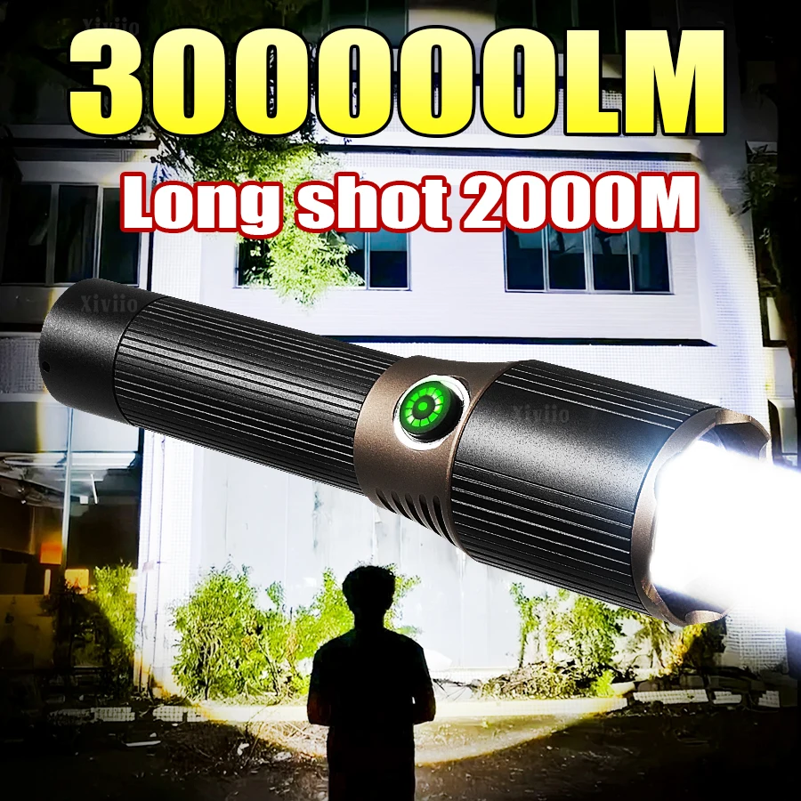 300000LM عالية الطاقة مصباح ليد جيب USB الشعلة القابلة لإعادة الشحن 18650 بطارية طويلة النار 2000 متر التخييم التنزه فانوس مصابيح الطوارئ