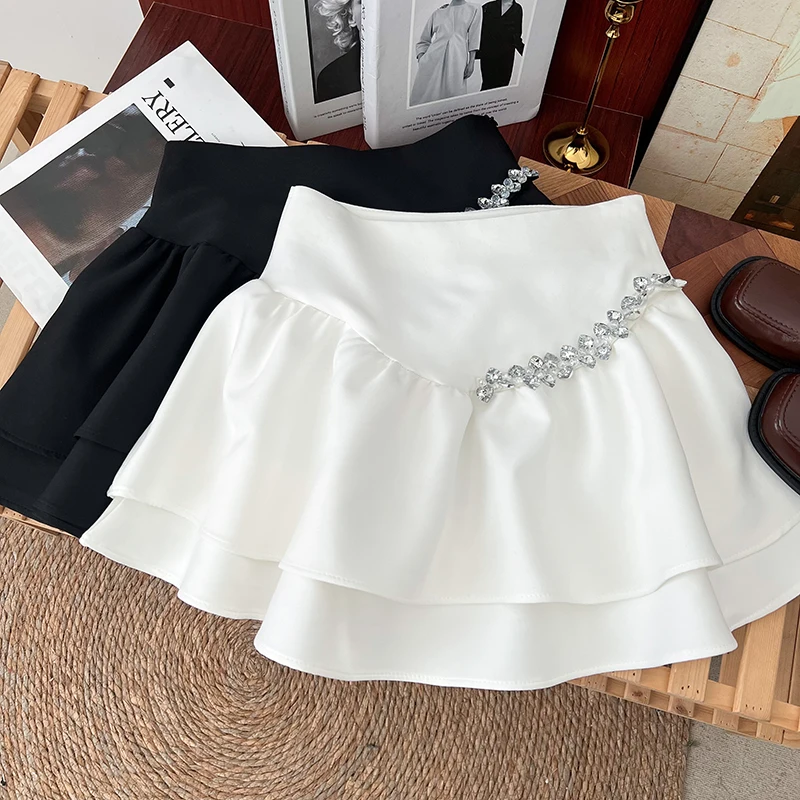 2024 Women's Skirt Short Sexy Mini High Waist Ruffle Skirts for Woman Luxury Streetwear Y2k Clothes Beading Faldas Saias