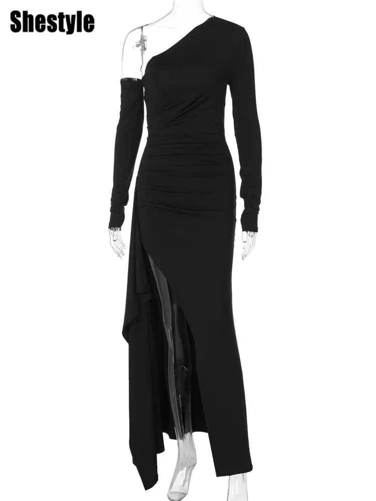 Shestyle فستان أسود مثير بفتحة عالية للنساء بكتف واحد متين غير متماثل نحيف على شكل حرف a ملابس عصرية قابلة للتنفس