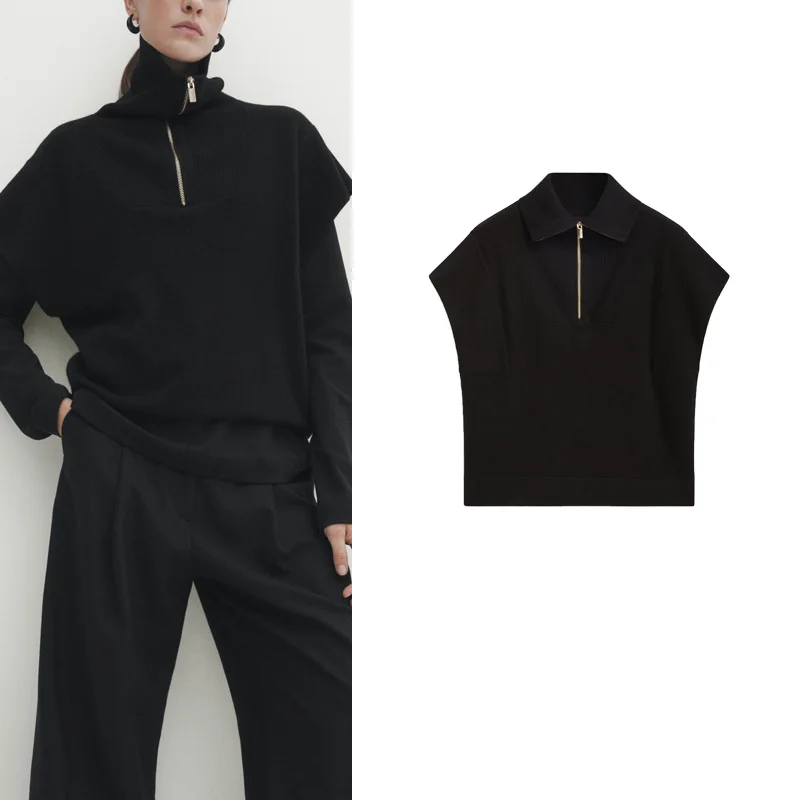 

mat Casual Knitted Zipper Collar Sweater Vest for Women Autumn Winter New Sle Polyester Fiber Regular Length Svel