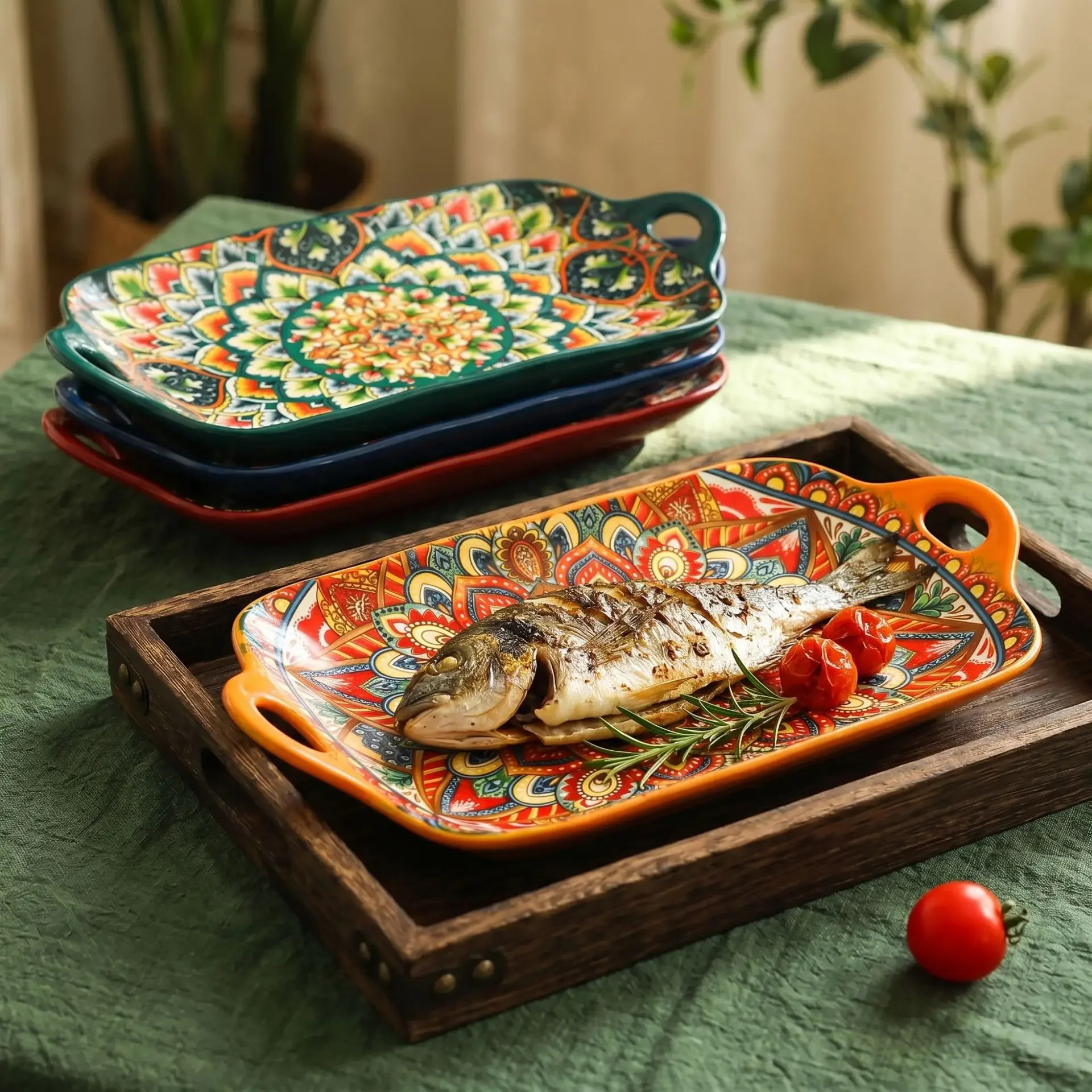 1Pc Bohemian Floral Underglaze Ceramic Fish Plate, Large Rectangular Platter with Two Handles,Microwave Oven Safe Home Tableware