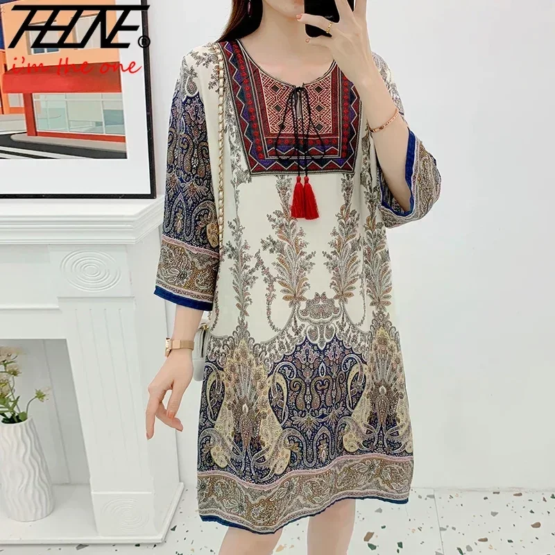 Women\'s Clothing Women Indian Dress Ready Stock Summer Vintage Causal Korean Style Beach Embroidery Tassel Floral Print Vestidos