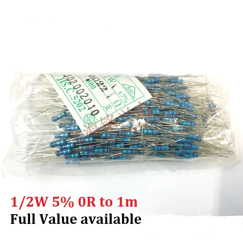 500pcs 0.5W (0R ~ 1M) Carbon Film Resistor 10K Ohm 220R 4.7k 2.2K 1K 100K 1/2W Metal 3/5/6/7/8/9.1.2.3.4.5.6.7.8./K/R Free Ship