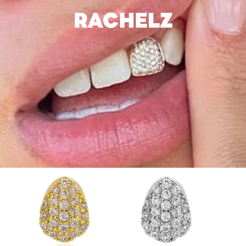 RACHELZ Single Full Iced Out CZ Stone Teeth Grillz Hip Hop Two Size Shiny Zircon Tooth Caps Women Men Jewelry Fangs