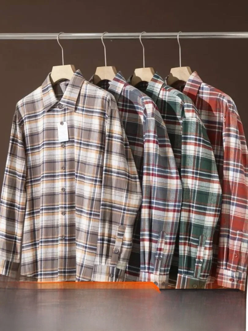 American Retro Flannel Brushed Cotton Double Sided Autumn Winter Men's Plaid Long Sleeve Shirt Comfortable Breathable Casual ...