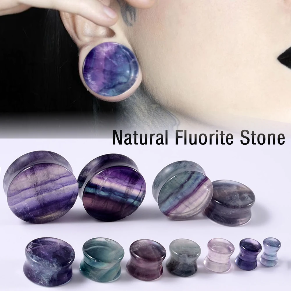 1/2 Uds. Piedra de fluorita Natural de arcoíris doble tapón acampanado sólido calibre de túnel de oreja piedra Aurora expansor de oreja pendientes de sillín de peso