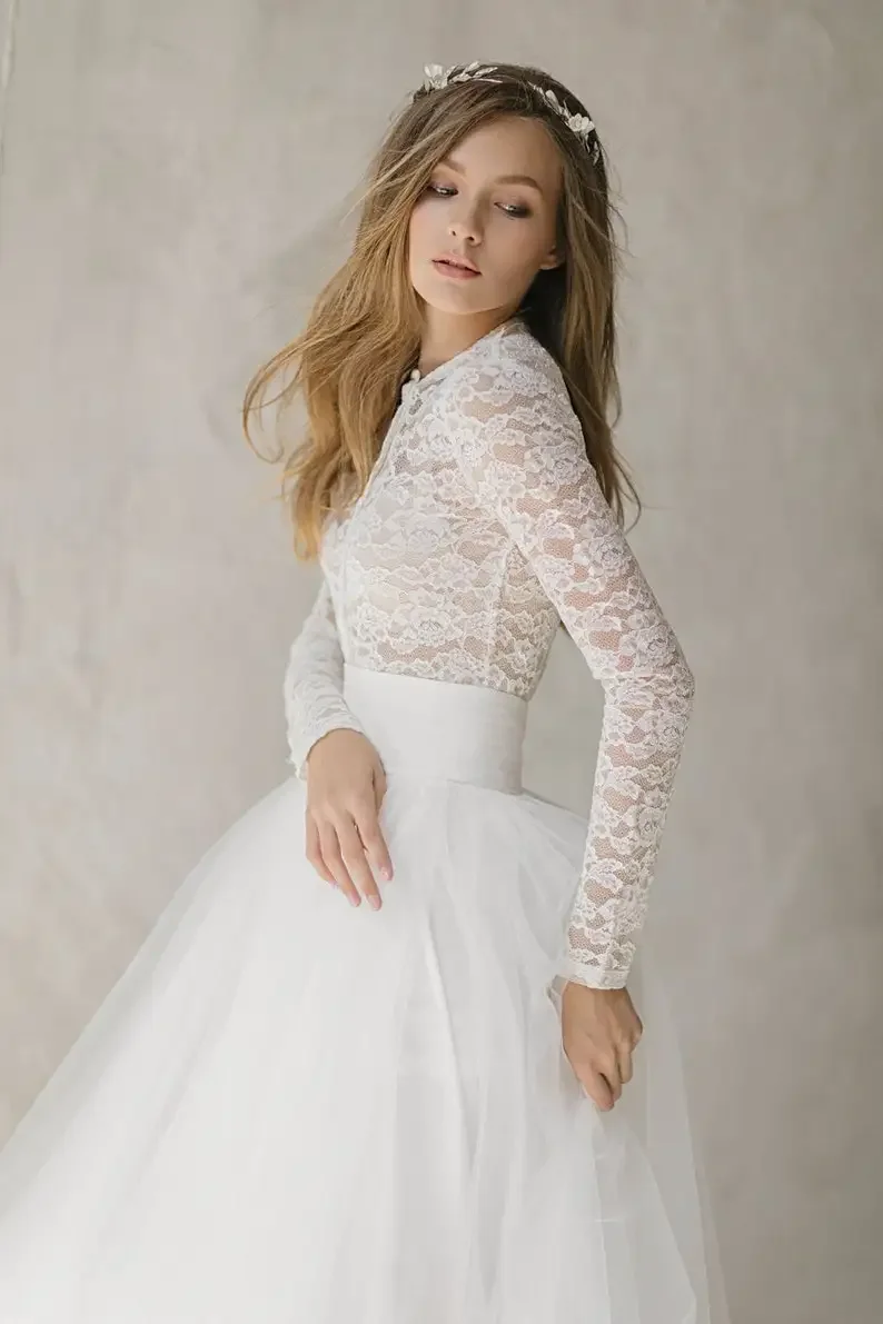 Custom Made 2026 Off White Tulle Wedding Dress Lace Wedding Gown Bohemian Bridal Separates Two Piece  Simple Wedding Dresses