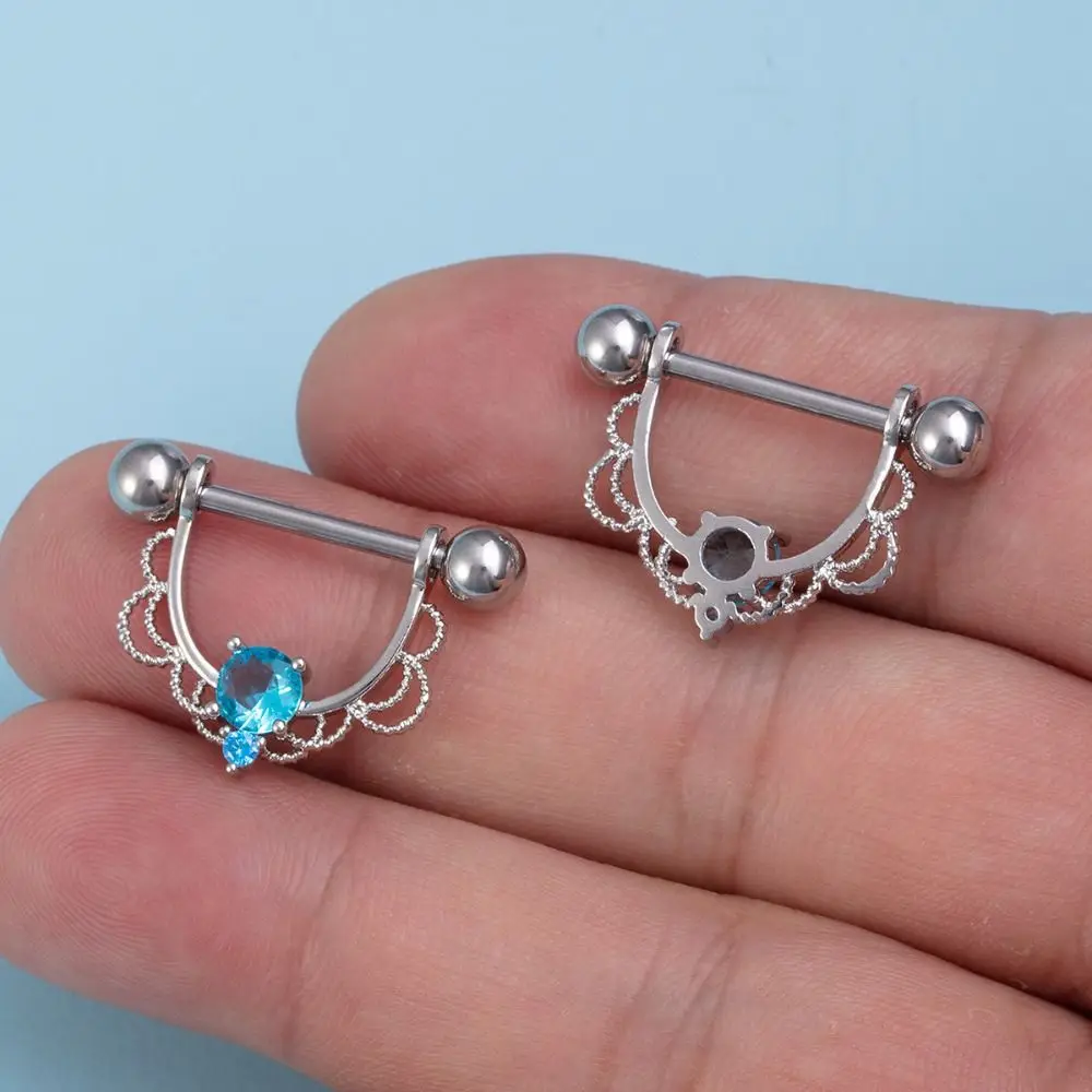 Barbell Zircon U-shaped Nipple Ring Rhinestone Half Round Stainless Steel Geometric Piercing Daily