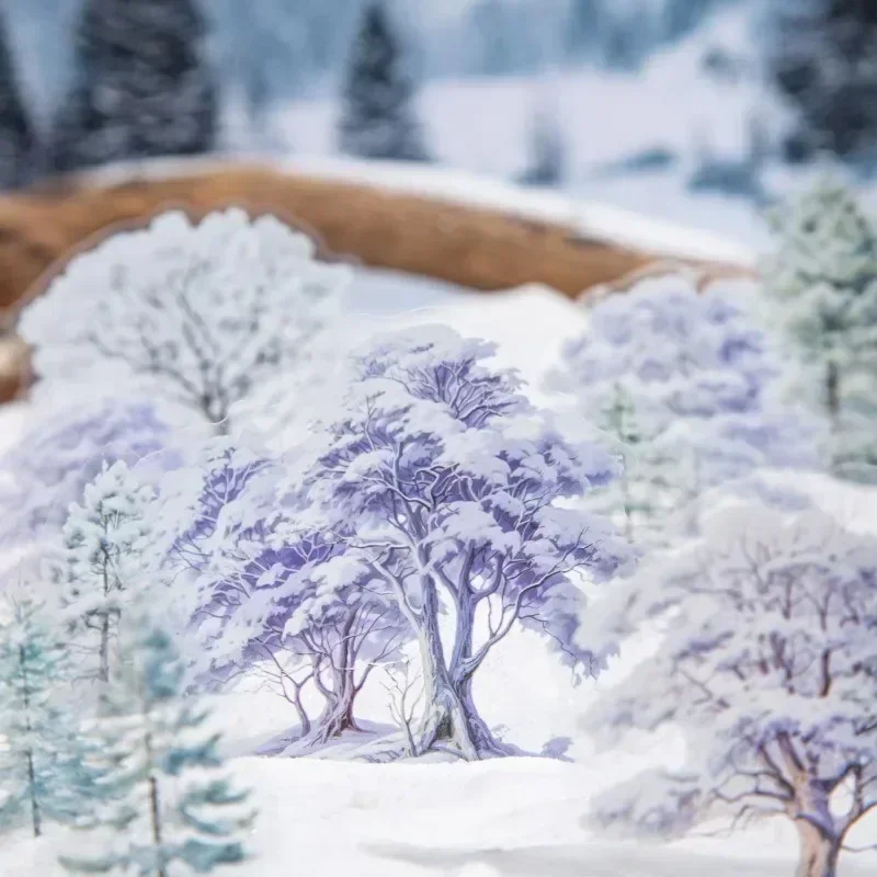 20 Stück Handbuchzubehör, kalter Waldbaum, Schatten im Schnee, Sammelalbum, geschnittener Winterbaum, Landschaftsbau, PET-Aufkleber, Paket 141 x 90 mm