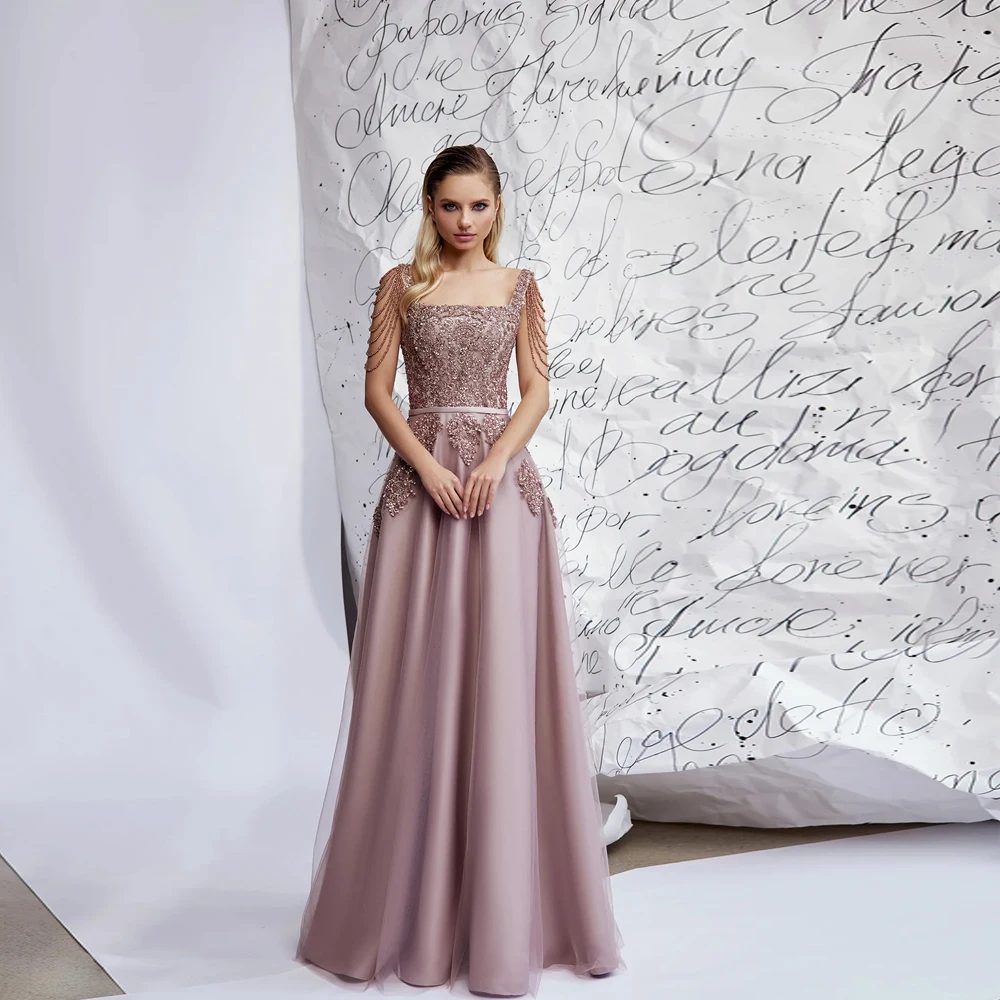 Dirty Pink Evening Dresses For Women 2023 Square Neck Wedding Party Gowns A-Line Prom Dress Beaded Appliques Sequined فستان سهرة