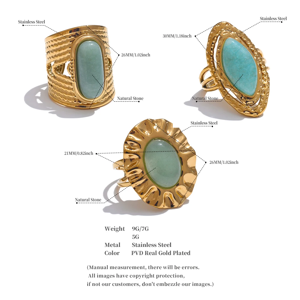 Yhpup Grüner Naturstein, modischer offener Ring, verstellbar, Edelstahl, goldfarben, geometrisch, tägliche Statement-Schmuck, Accessoires, Geschenk – Detail 1