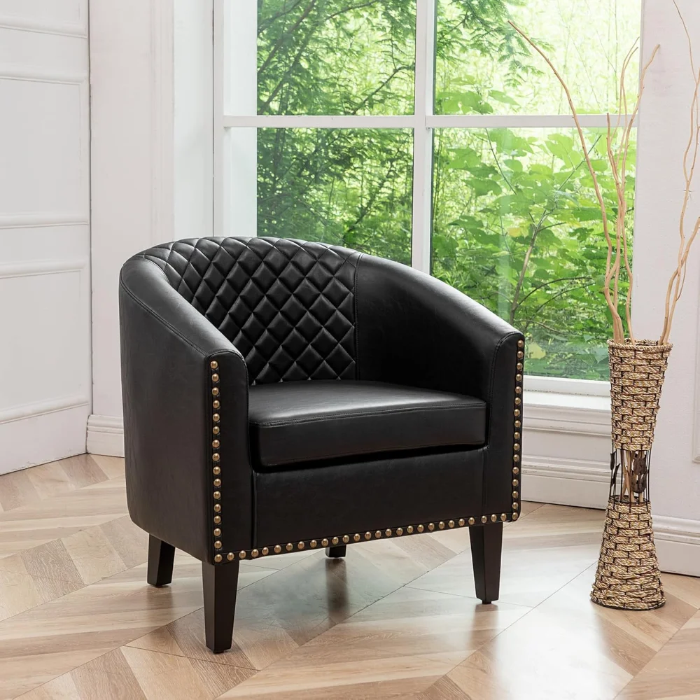 

29" W Modern Faux Vegan Leather Barrel Chair, PU Upholstered Tufted Accent Club Chairs with Nailhead Trim