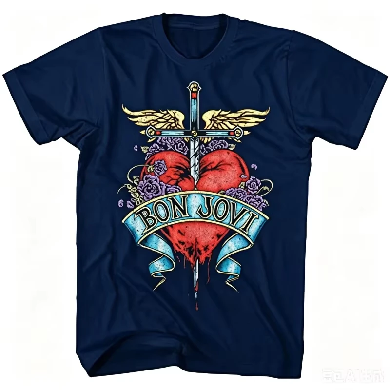 Retro Bon Jovi Tattoo Style Heart Sword Print T Shirt Oversized Cotton Clothes Rock Band Fan T-shirt Streetwear Y2k Tops Cheap