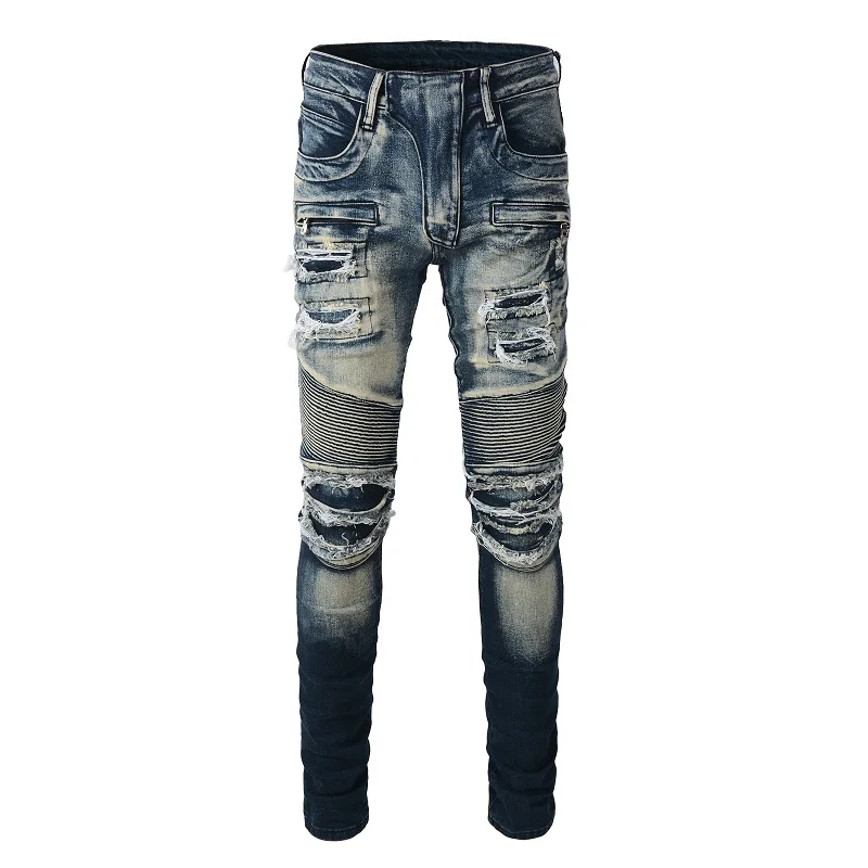 Men's High Streetwear Biker Blue Distressed Motorbike Ribs Patchwork Zippers Slim Stretch Patches Ripped Destroyed Washed Jeans