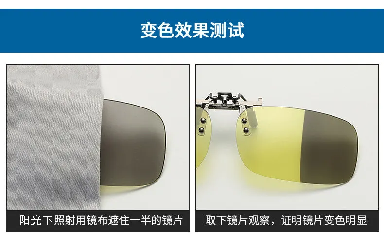 Anti-blue light and anti-glare clip-on lenses that turn gray in sunlight, reversible for both men and women with myopia