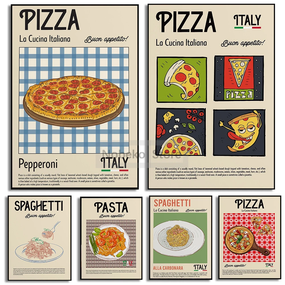 Retro Italian Food Posters Pizza Pasta Spaghetti Italy Prints Canvas Painting Wall Art Pictures Home Room Modern Kitchen Decor