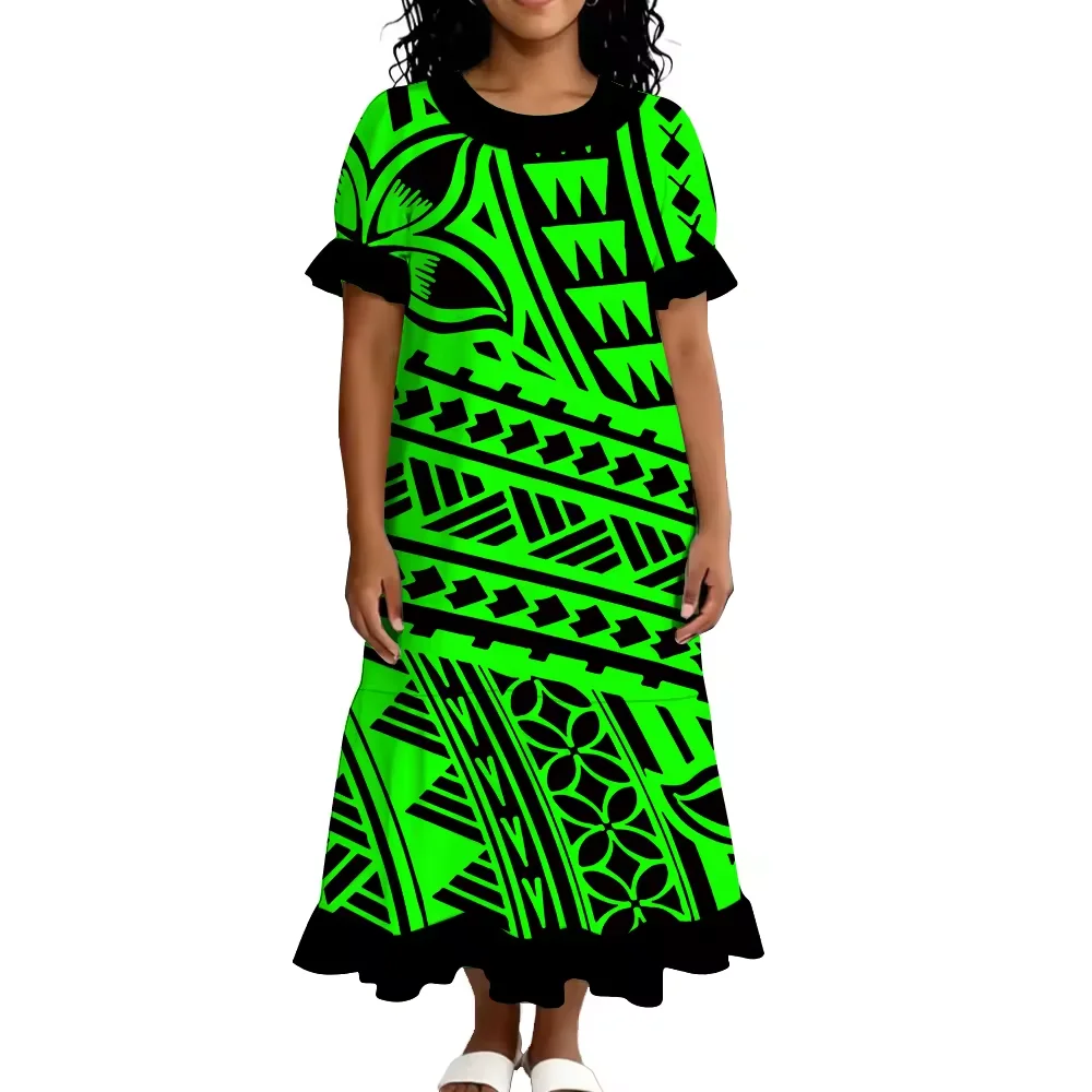 Ladies Hot Sale Custom Hawaiian Mumu Dress Tropical Plumeria Flower Tribal Tattoo Pattern Ruffle Hem Short Sleeve Maxi Dress