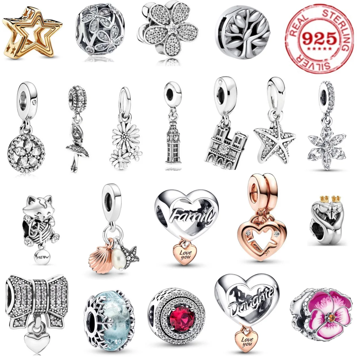 

Hot Sale 100%925 Sterling Silver Animal Cat Love Cake Flowers Round Stars Classic Beads women bracelet DIY Jewelry Special gift