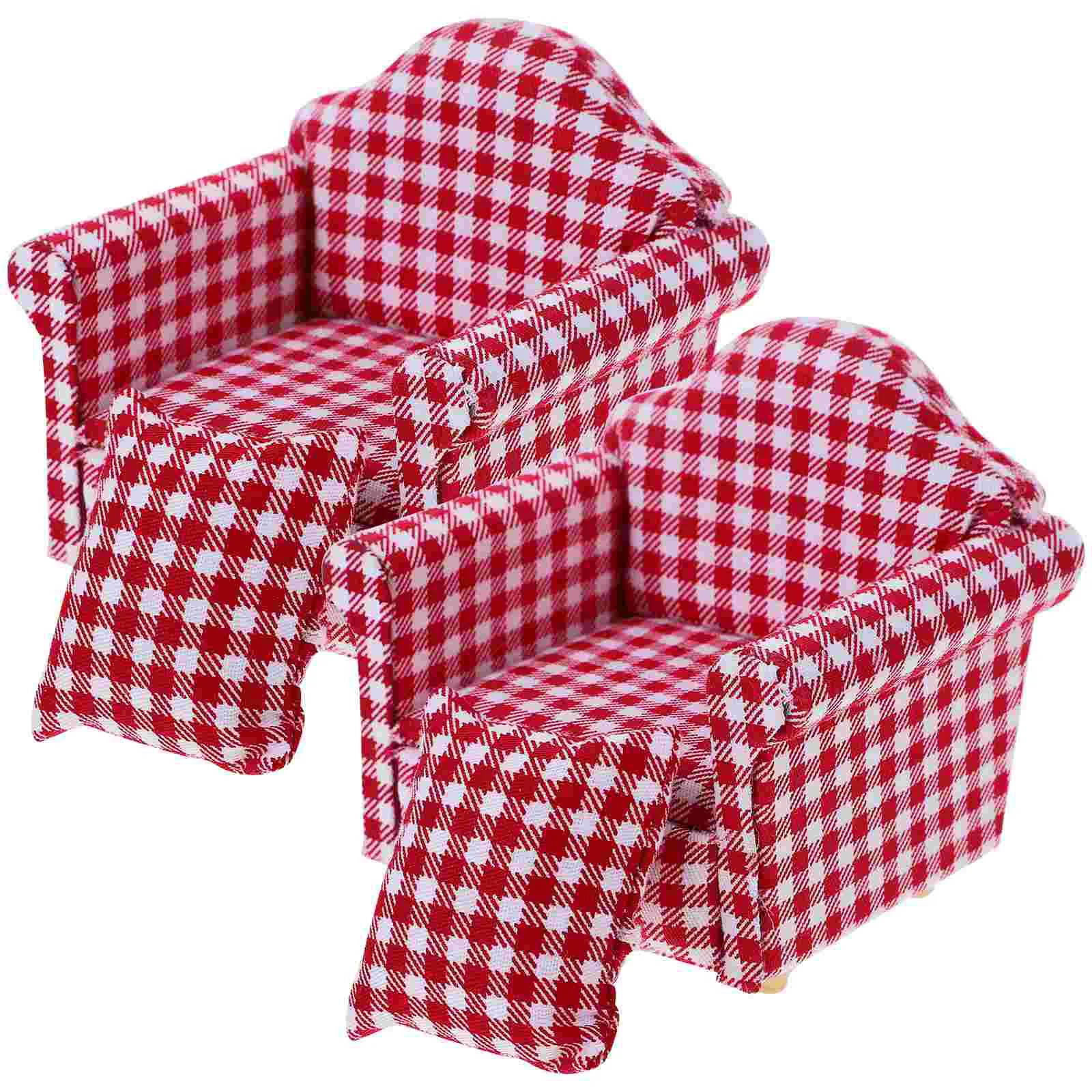 2 Pcs Miniature Single Sofa House Furniture Model Ornaments Wood Red Chair Individual