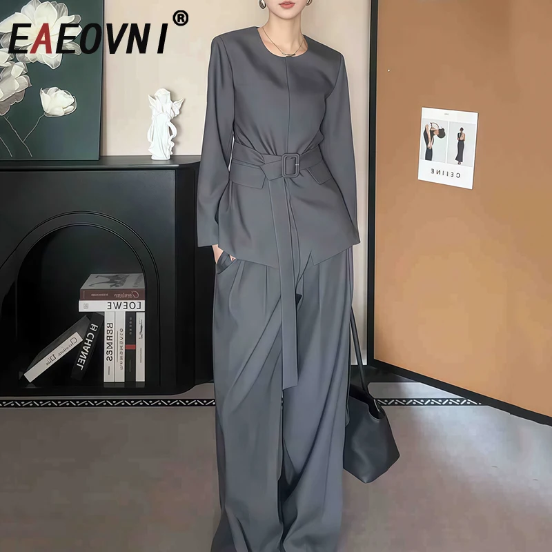 

EAEOVNI Elegant Women Two Piece Set Solid Color 2025 Autumn O Neck Belt Waist Blazer Jacket + Long Pants Office Lady New Sets