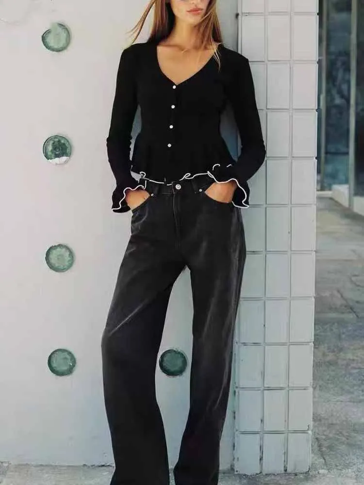 

New European and American style women's fashion simple versatile V-neck long-sleeved layered decorative soft coat