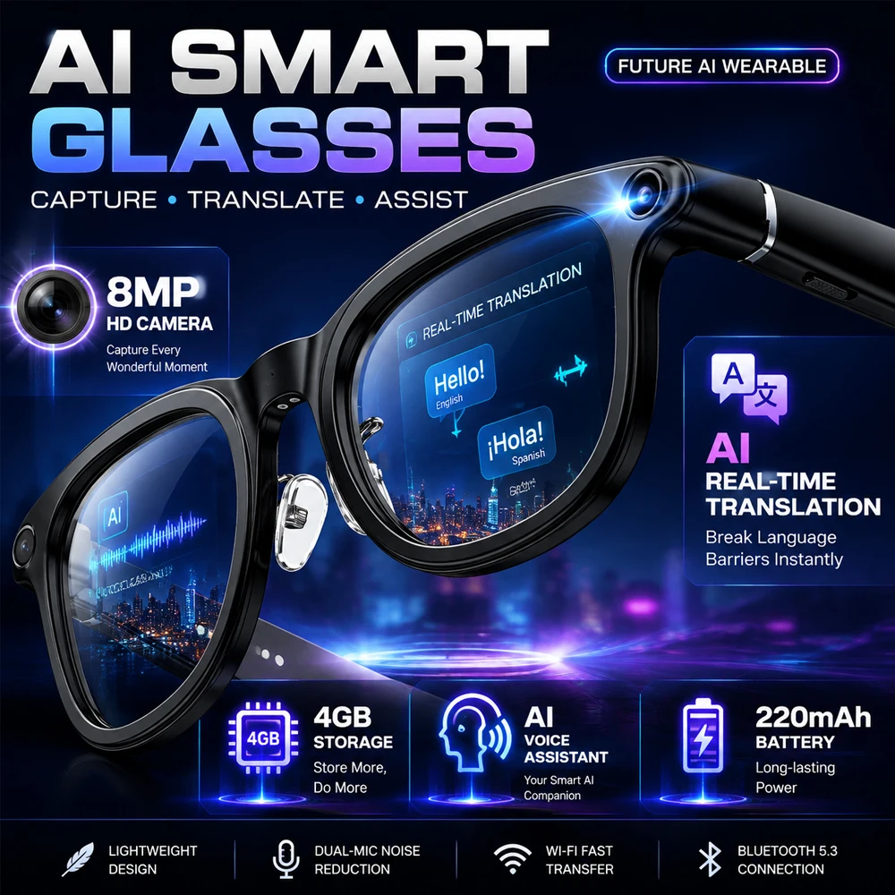 Premium ChatGPT Smart Glasses with HD Camera Real Time Translation Smart Voice Assistant Bluetooth Wearable Technology Glasses