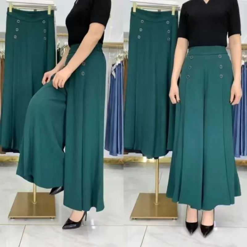 Women's Solid Elastic Waist Button Spring and Autumn Wide Leg Trouser Skirt Fashion High Waist Loose Ruched Fashionable Pants