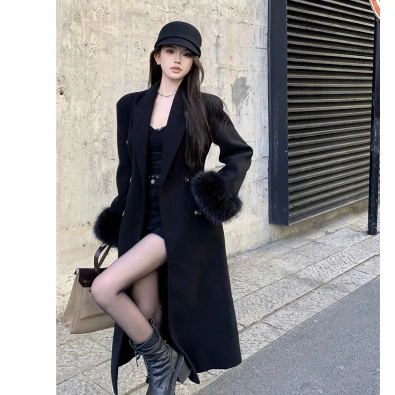 [oein] Double Breasted Woolen Coat Waistband Slimming Effect, Hepburn Style Fur Sleeves, Long Jacket With Cotton For Women