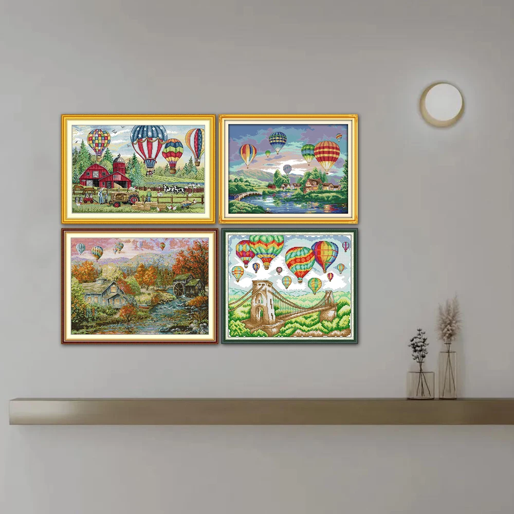 Joy Sunday Colorful Hot Air Balloons On The Bridge Autumn In The Valley Farms Cross Stitch Kit, F139, FA391, FA547, FA550