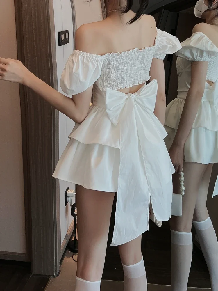 

2022 White Sexy Backless Mini Dress Women Korean Fashion Casual Elegant Party Dress Female Ruffle Kawaii Lolita Party Y2k Dress