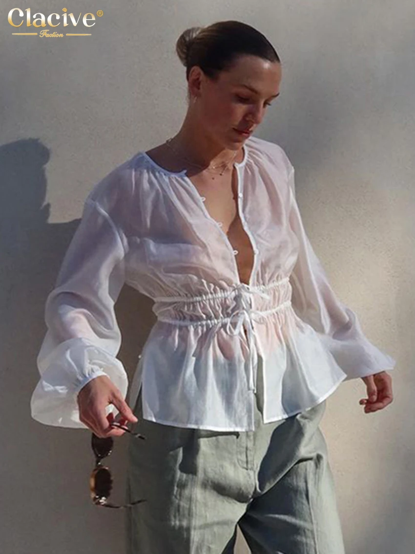 

Сексуальная свободная белая женская рубашка Clacive, осень 2026, с круглым вырезом, длинным рукавом, элегантная классическая прозрачная блузка на шнуровке, женская одежда