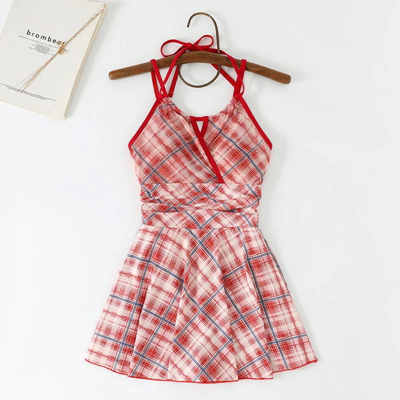Conservative One-Piece Student Swimsuit with Double Straps Belly Covering Slimming Effect in Red Color for Young Girls