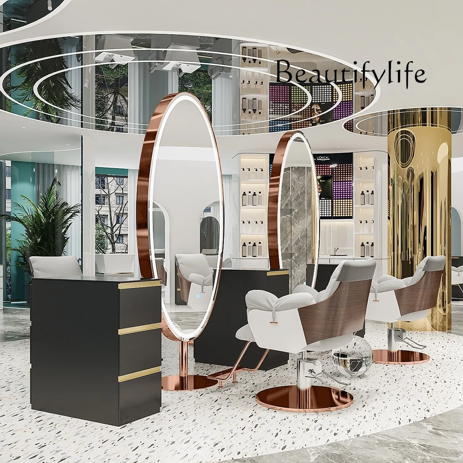 

Barber shop mirror table stainless steel floor mirror full body hair salon special hair double-sided mirror with light