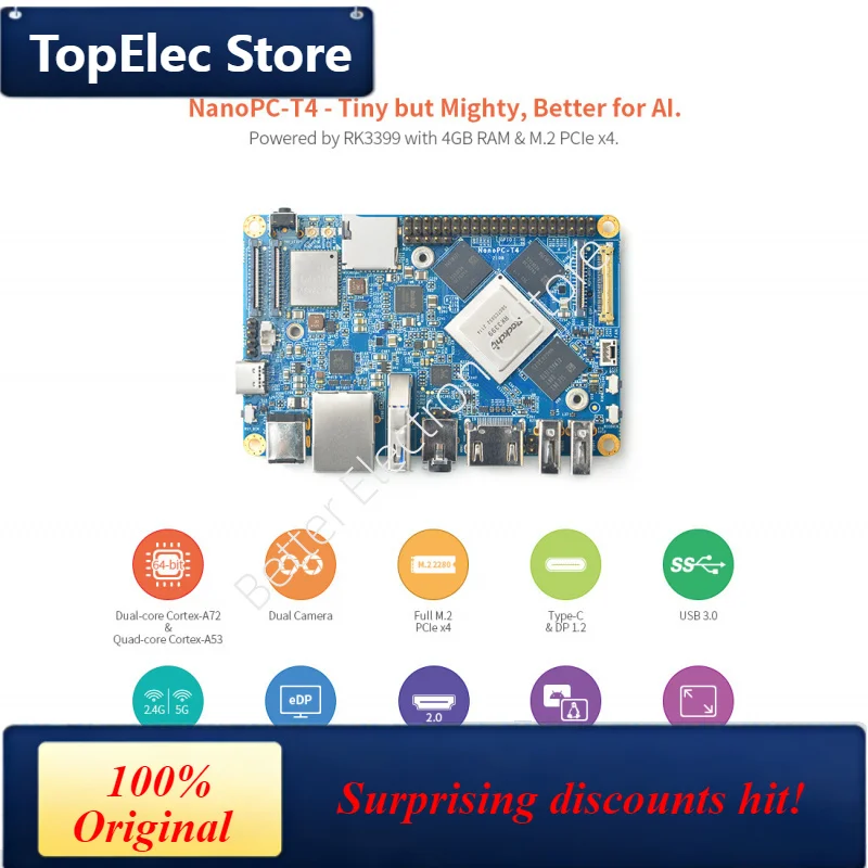 TopElec NanoPC-T4 Development Board - RK3399 with Dual-Band WiFi, Dual Camera Support & 4GB RAM (4K Playback on Android 10)​