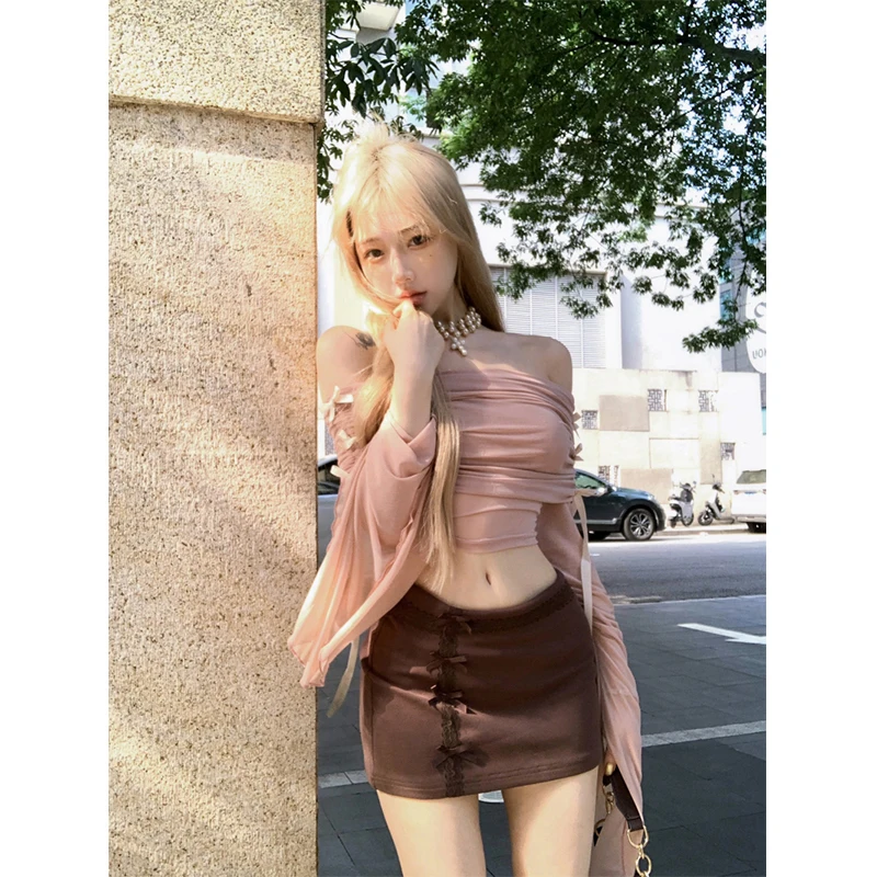 MEXZT Y2K Pink Slash Neck T Shirt Women Streetwear Sexy Mesh Bow Sheer Crop Tops Summer Gyaru Aesthetic Long Sleeve Design Tops